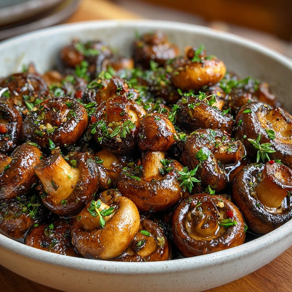 A bowl of mushrooms with herbs.