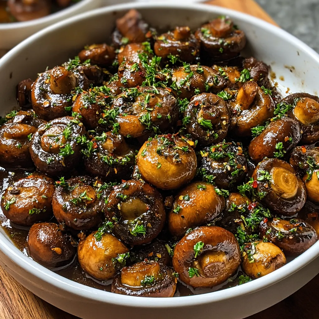 A bowl of mushrooms with herbs.