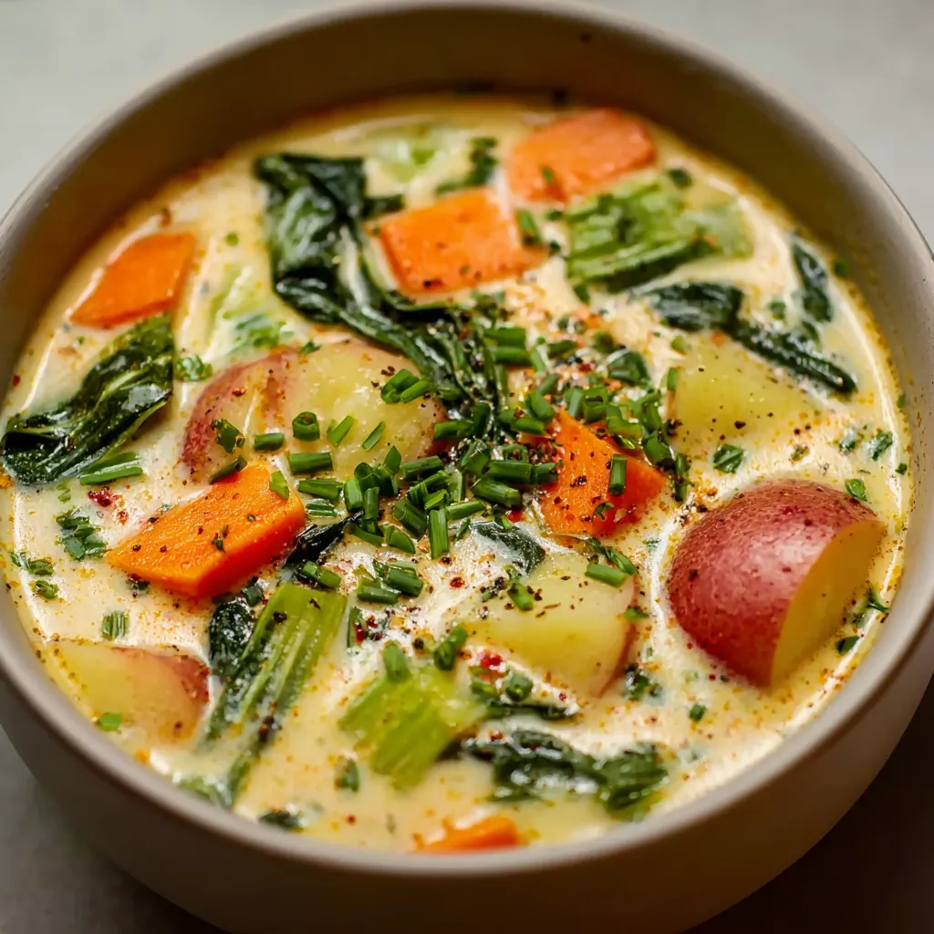 A bowl of soup with vegetables.