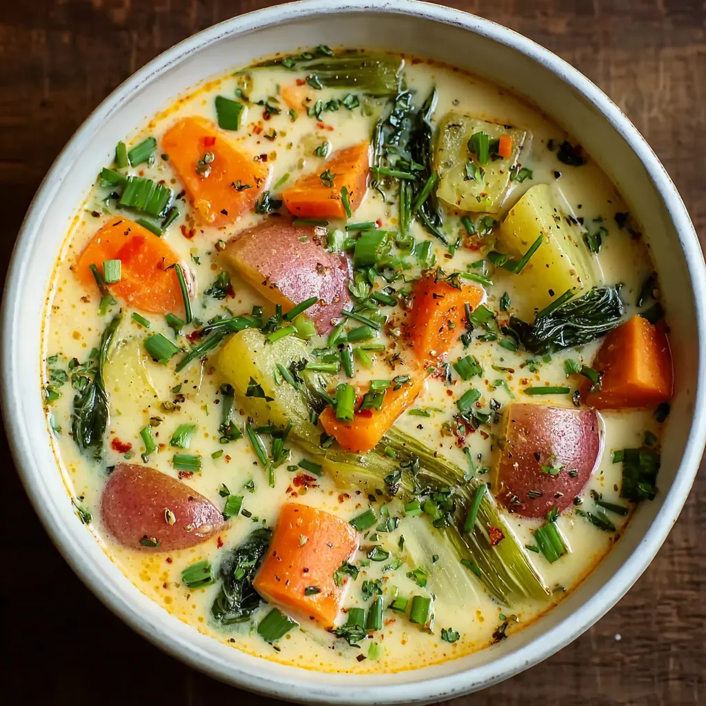A bowl of soup with vegetables.