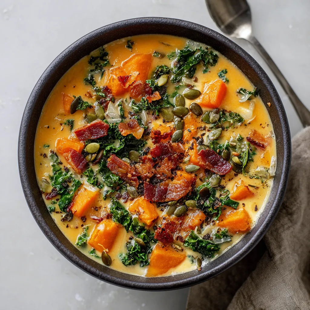 A bowl of soup with bacon and broccoli.