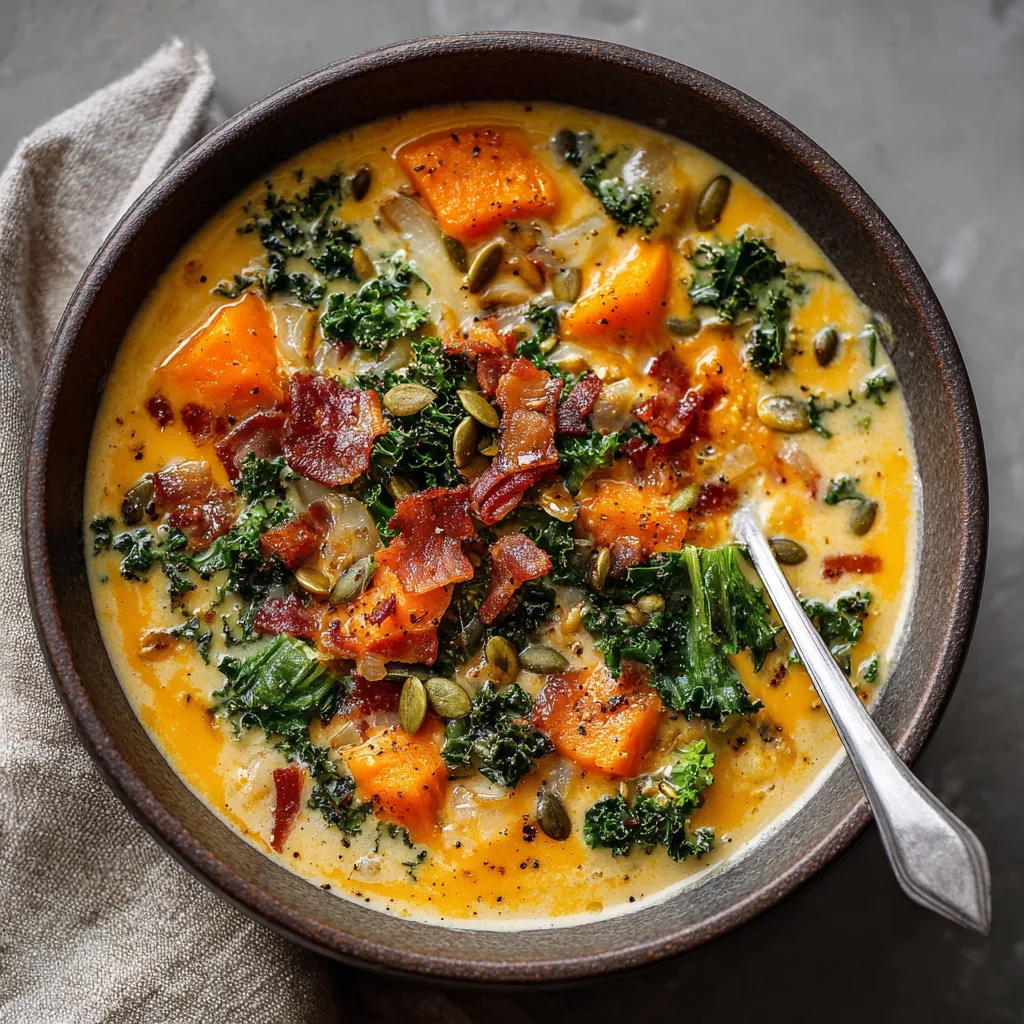 A bowl of soup with bacon and broccoli.