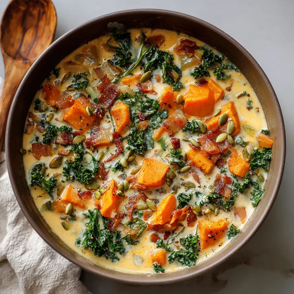 A bowl of soup with vegetables and bacon.