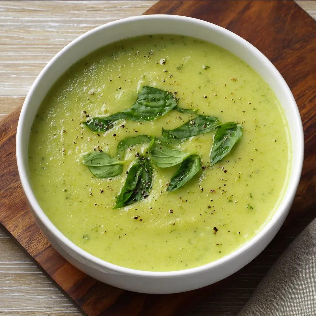 A bowl of soup with green leaves on top.