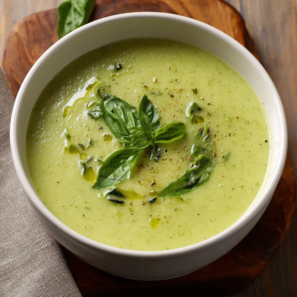 A bowl of soup with a green leaf on top.