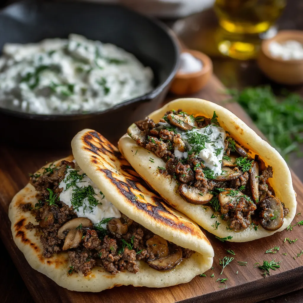 Two grilled flatbread sandwiches with meat and mushrooms.