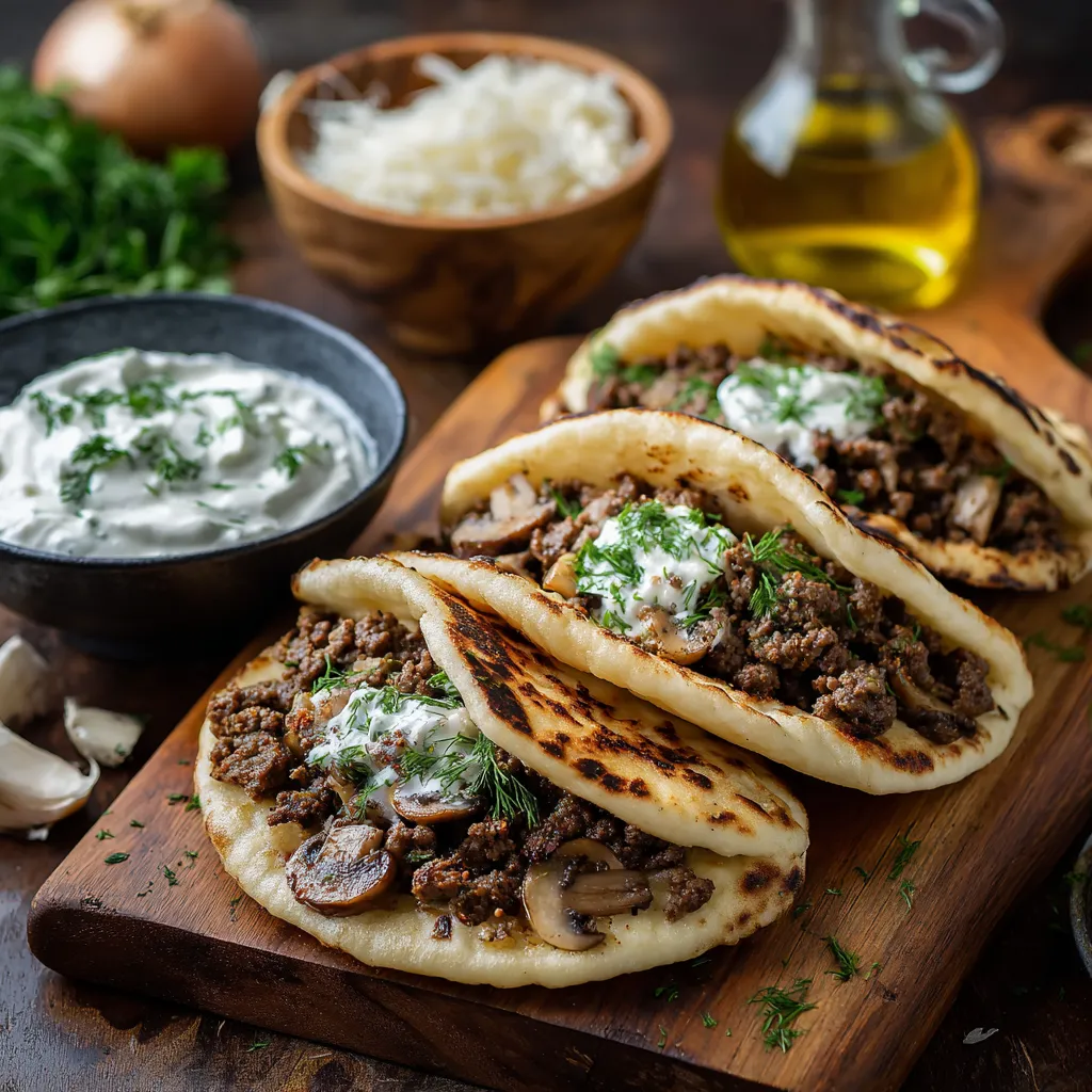 Two meat and cheese filled pita breads.