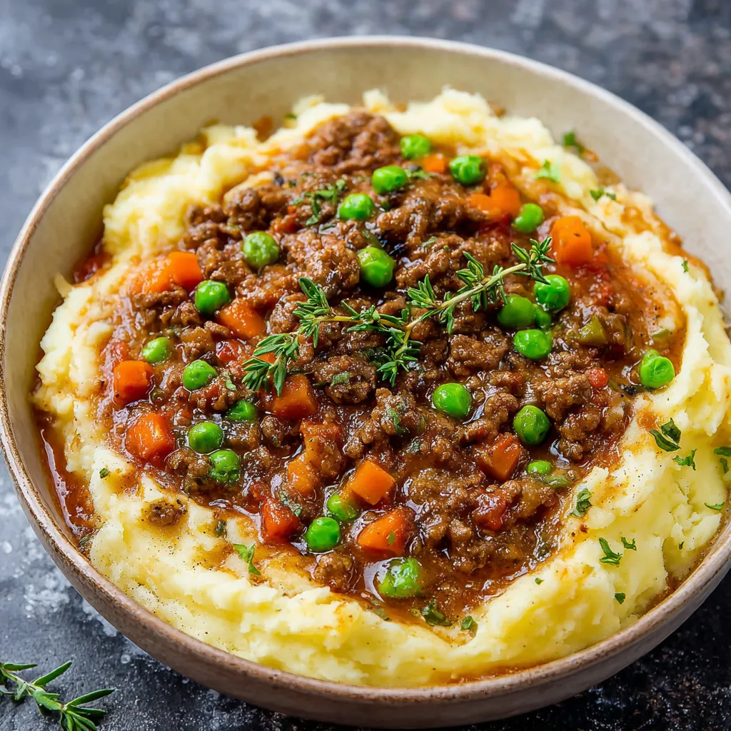 A bowl of food with peas and potatoes.