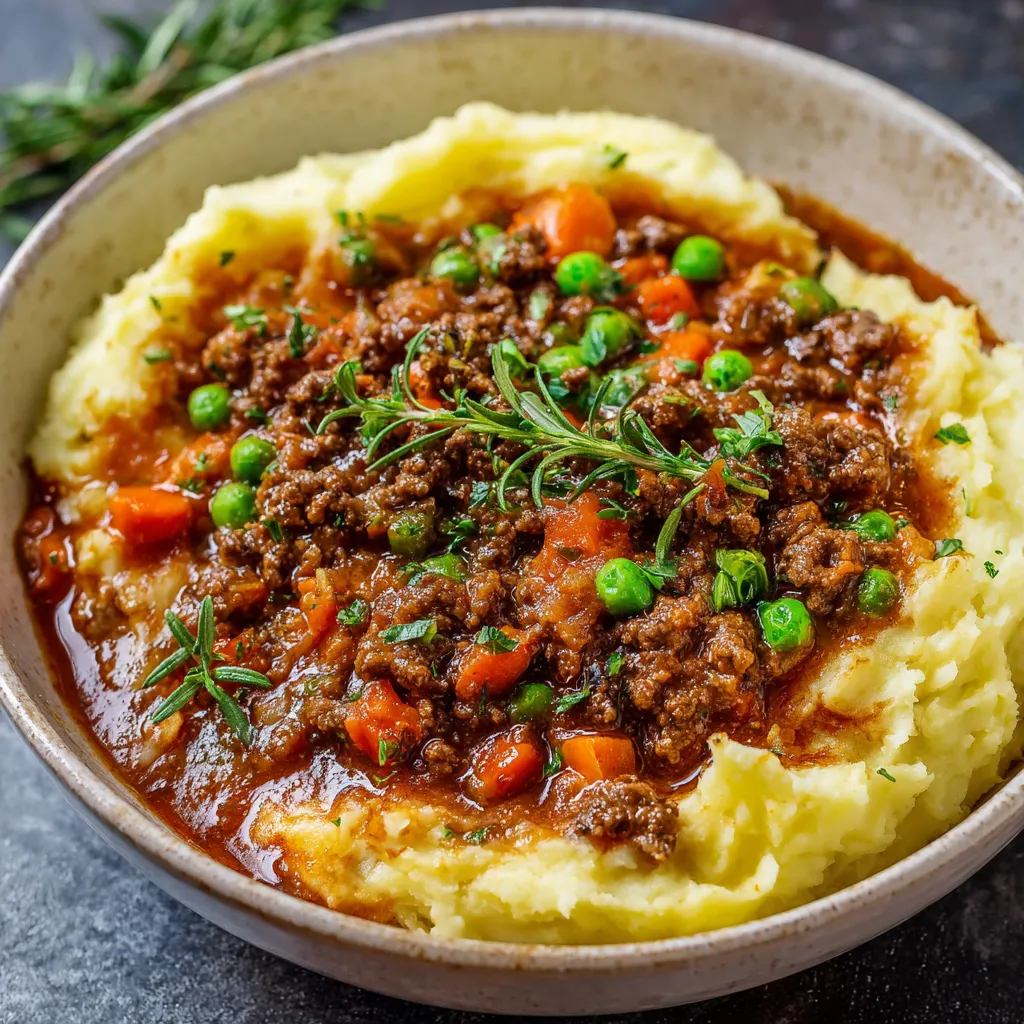 A bowl of mashed potatoes with peas and sausage.
