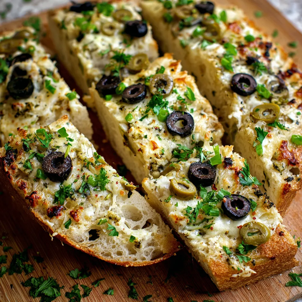 A slice of bread with olives and cheese.