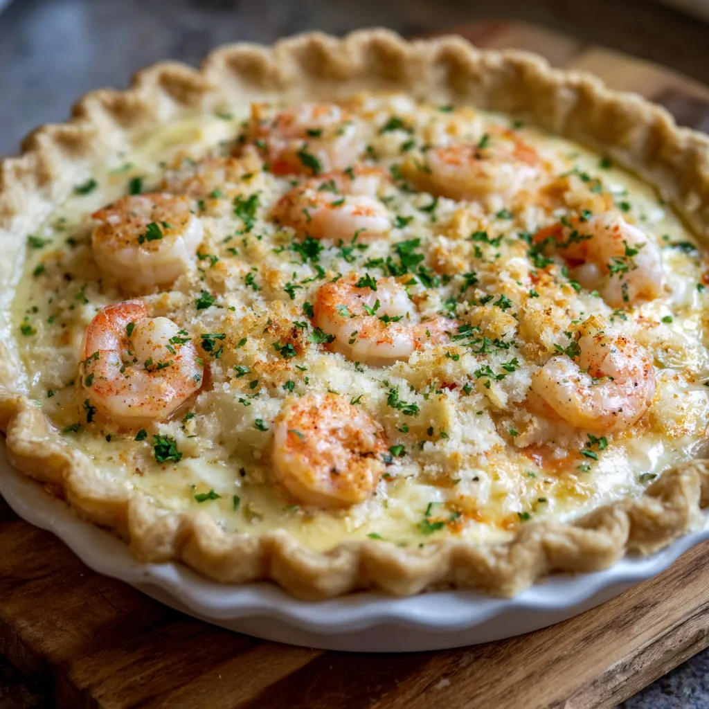 A shrimp and cheese pie in a white dish.
