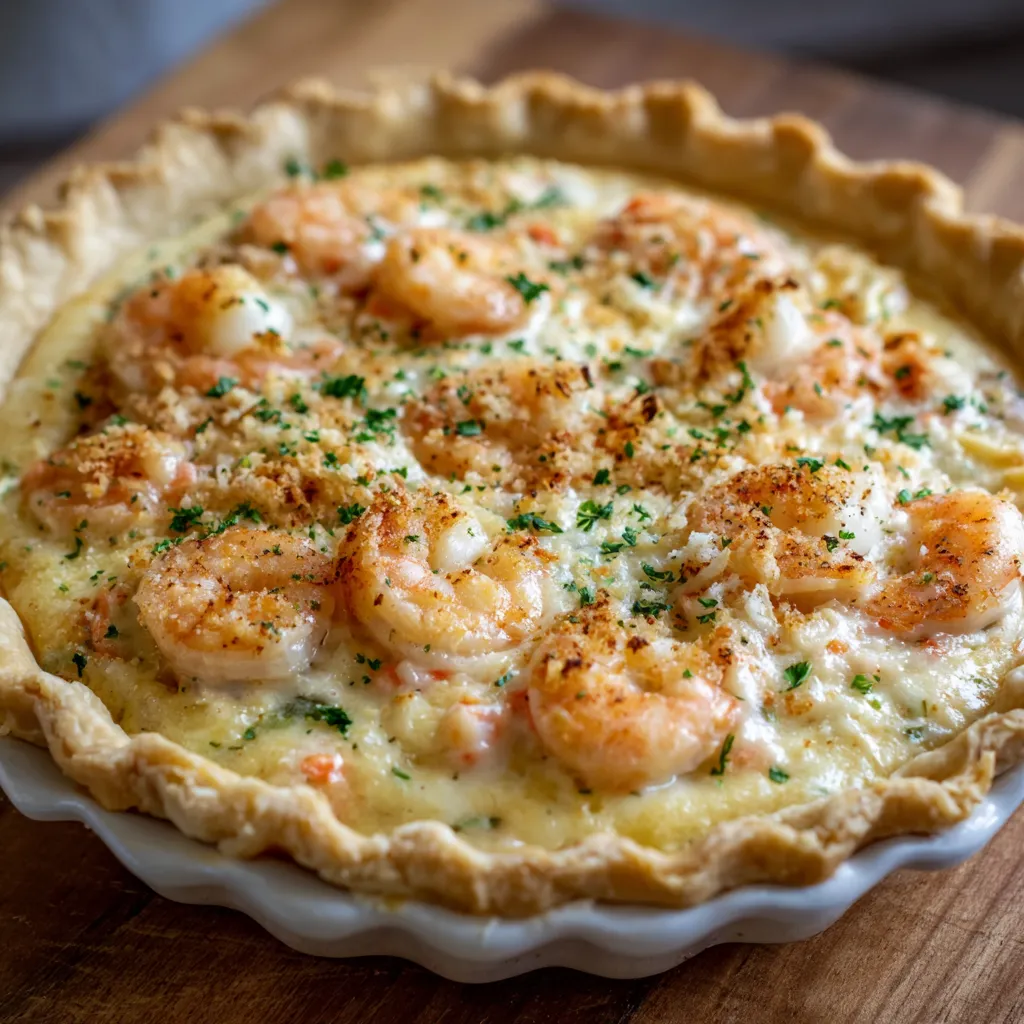 A shrimp and cheese pie in a white dish.