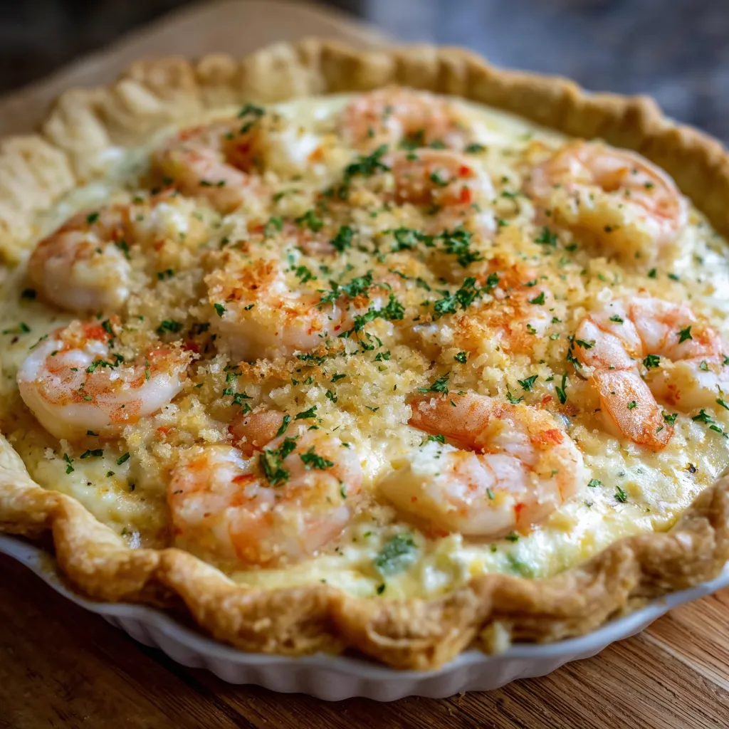 A shrimp and cheese pie in a white dish.