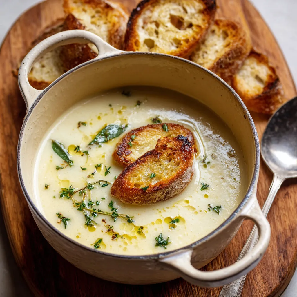 A bowl of soup with bread on a table.