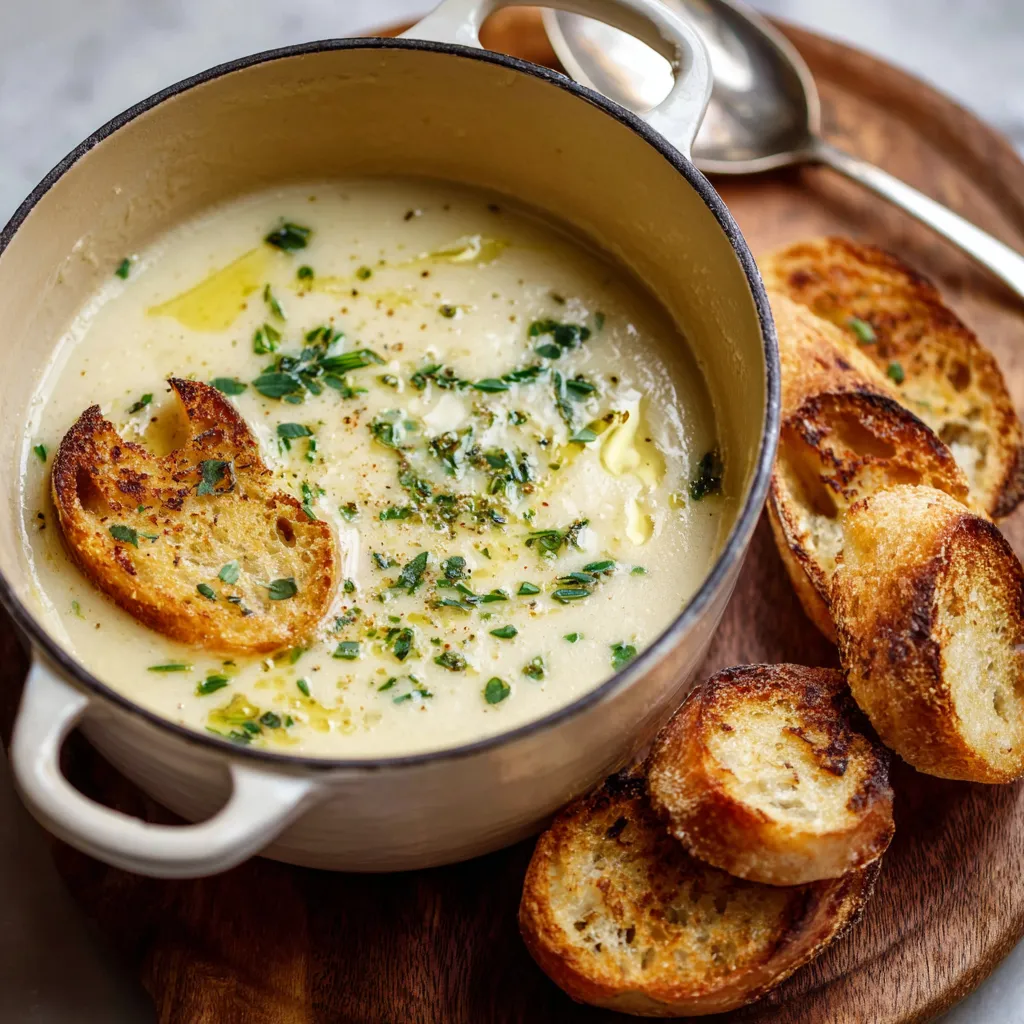 A bowl of soup with bread and herbs.