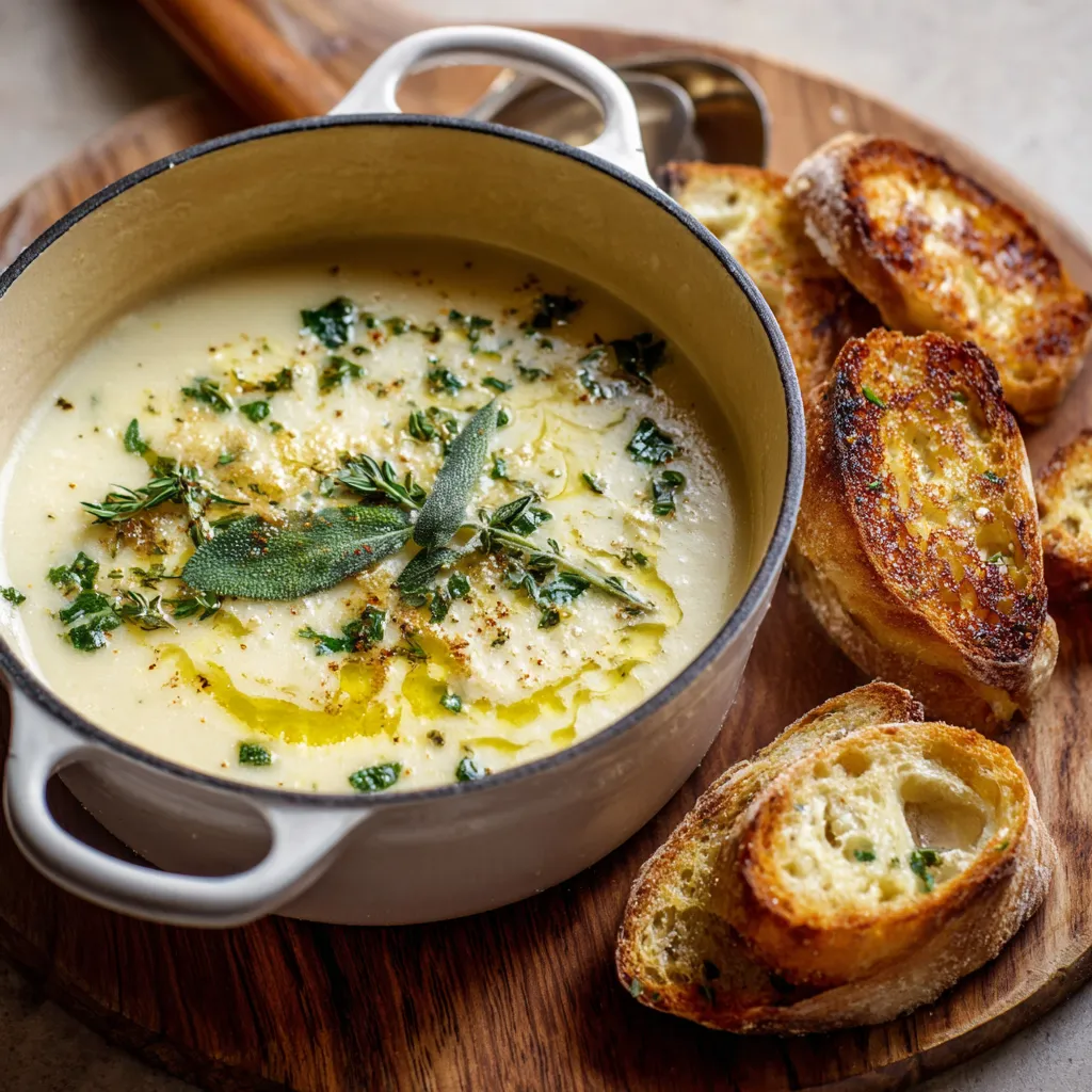 A bowl of soup with bread and herbs.