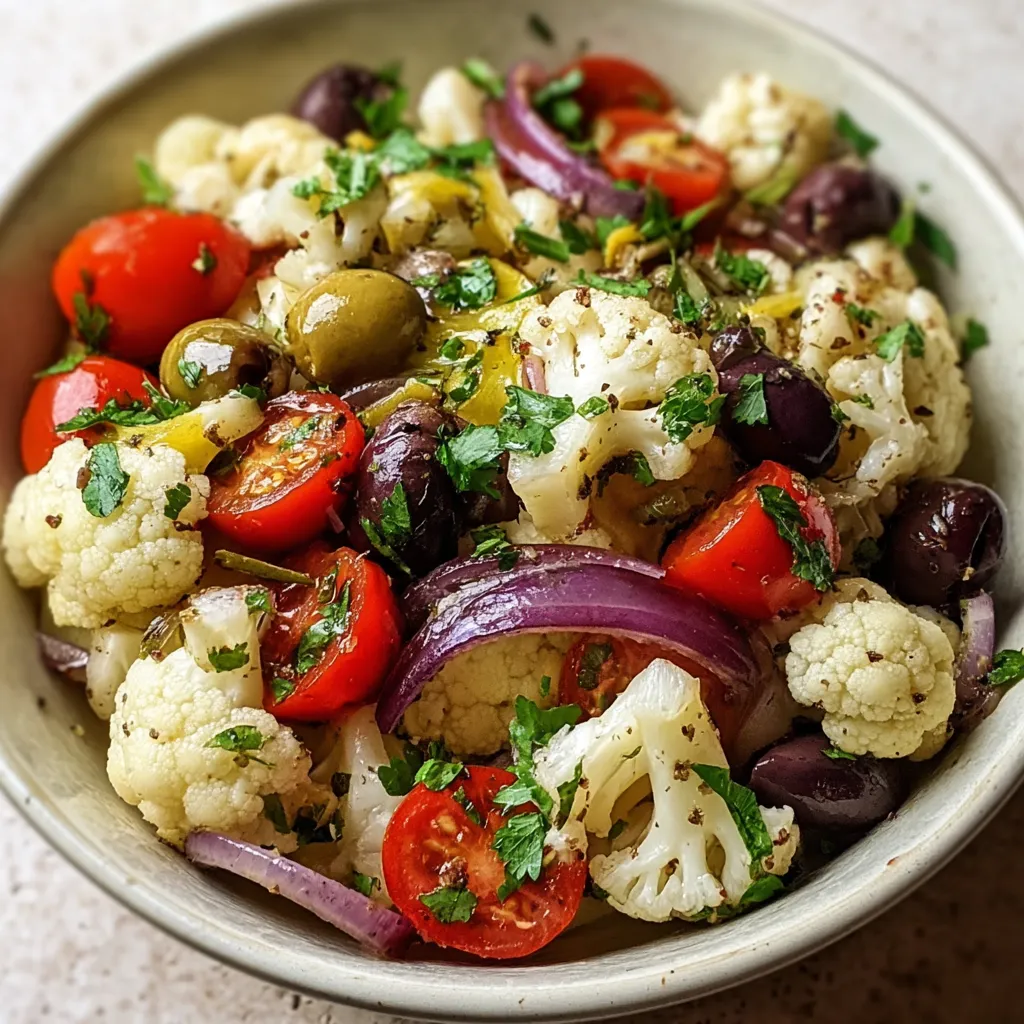 A bowl of vegetables including tomatoes, cauliflower, and olives.
