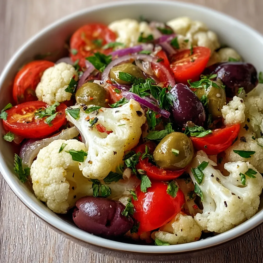 A bowl of vegetables including tomatoes, olives, and cauliflower.