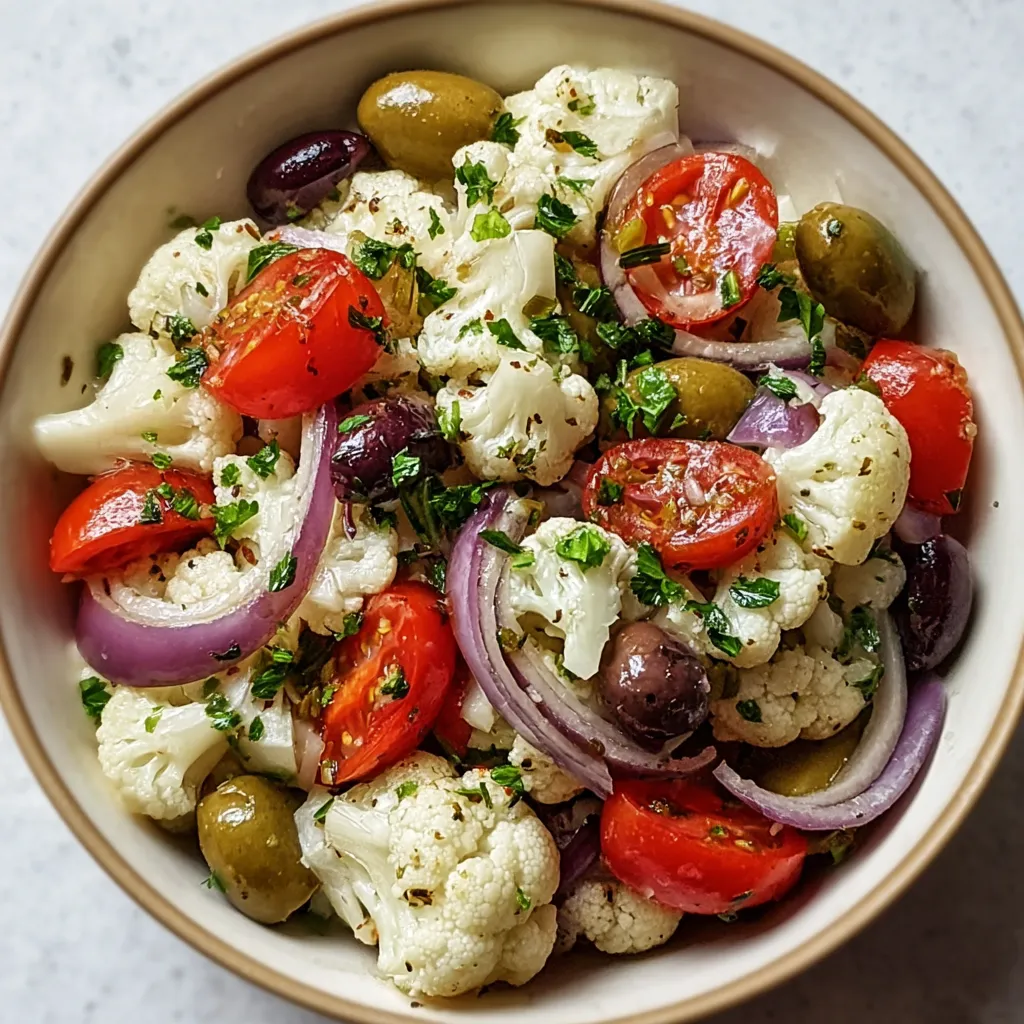 A bowl of vegetables including tomatoes, olives, and cauliflower.