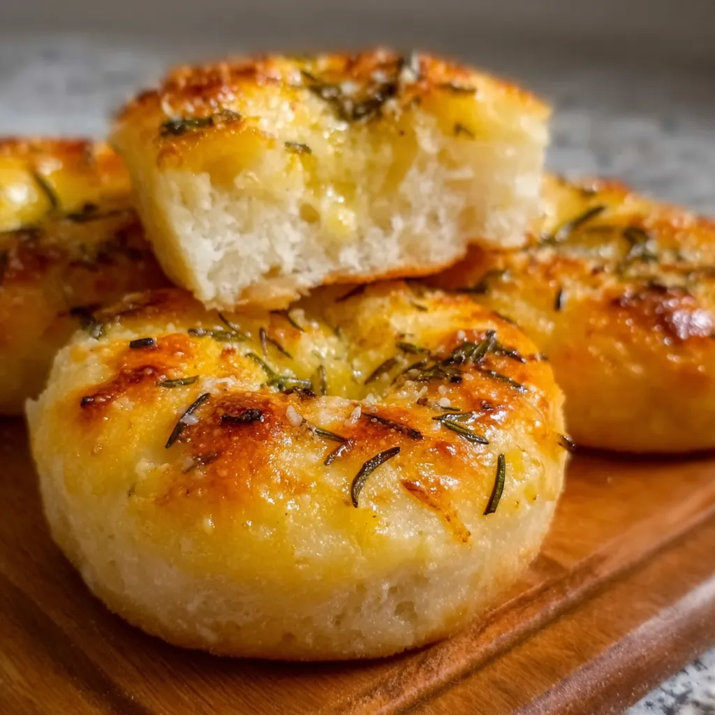 A stack of bread with herbs on top.