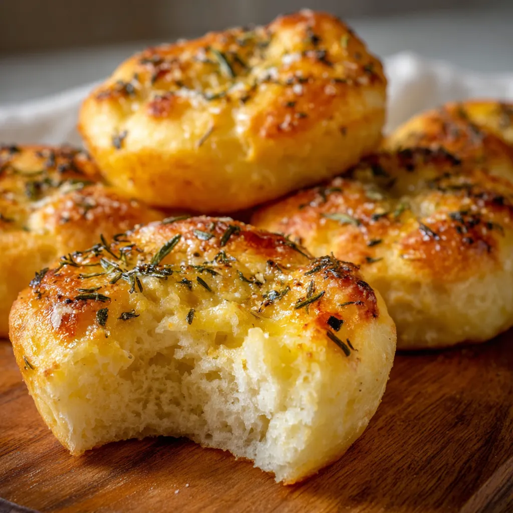 A stack of bread with herbs on top.