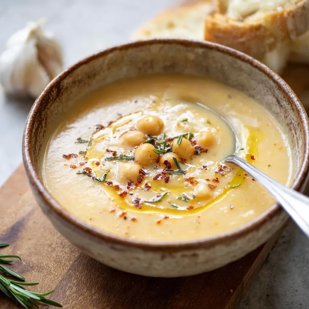 A bowl of soup with a spoon in it.