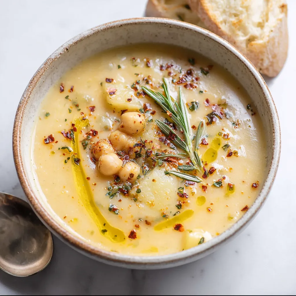 A bowl of soup with chickpeas and herbs.