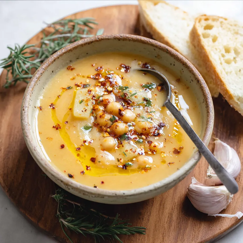 A bowl of soup with a spoon in it.