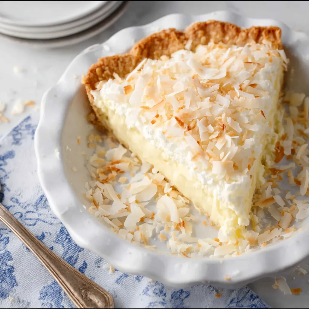 A slice of pie with coconut on top.