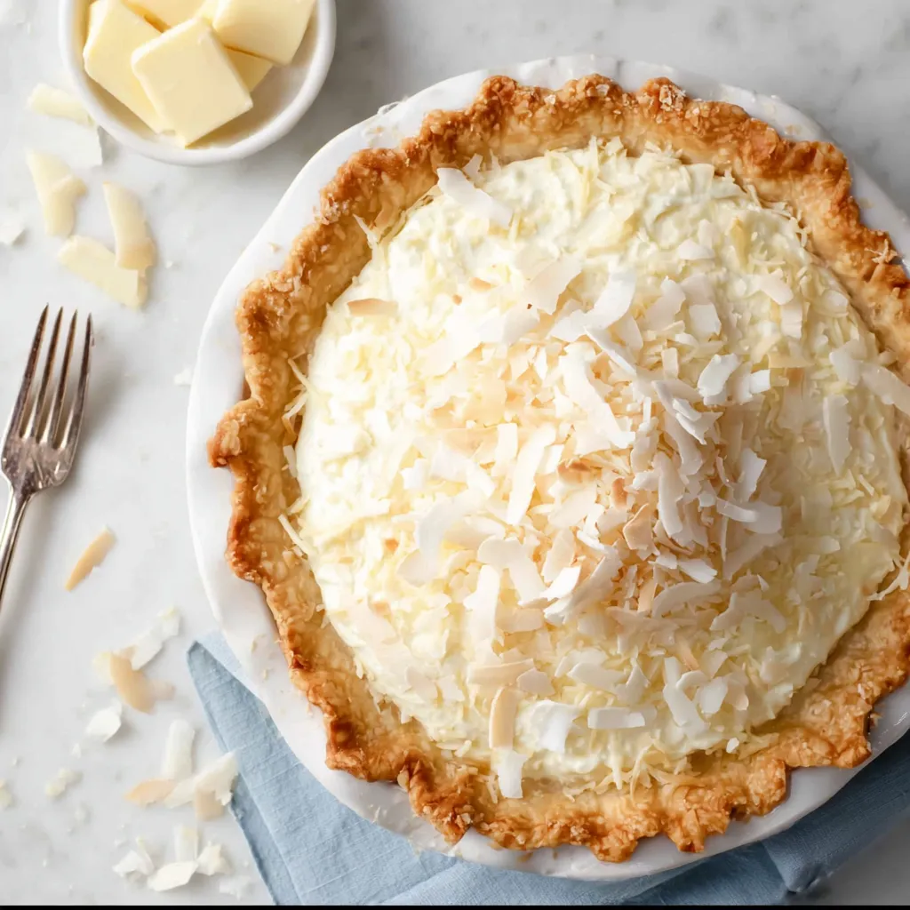 A pie with coconut on top.