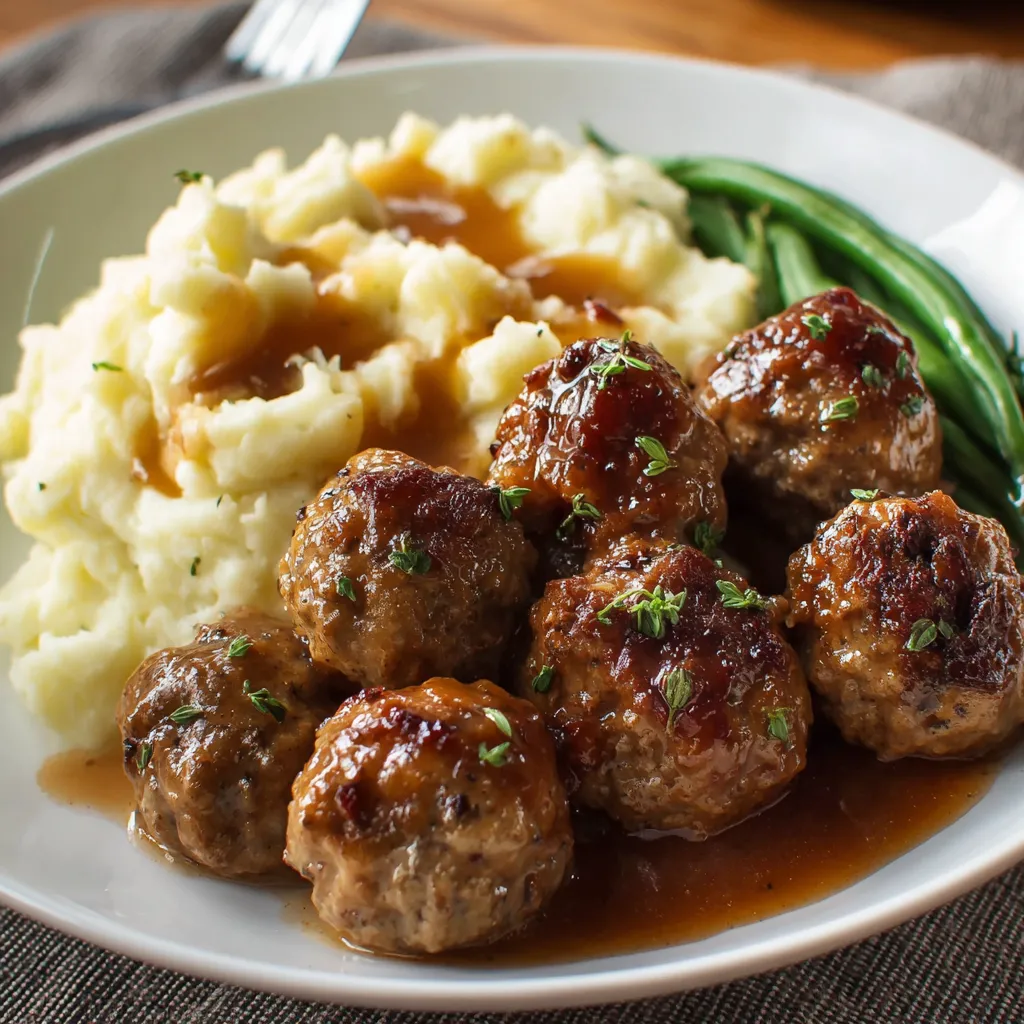 A plate of meatballs and mashed potatoes.