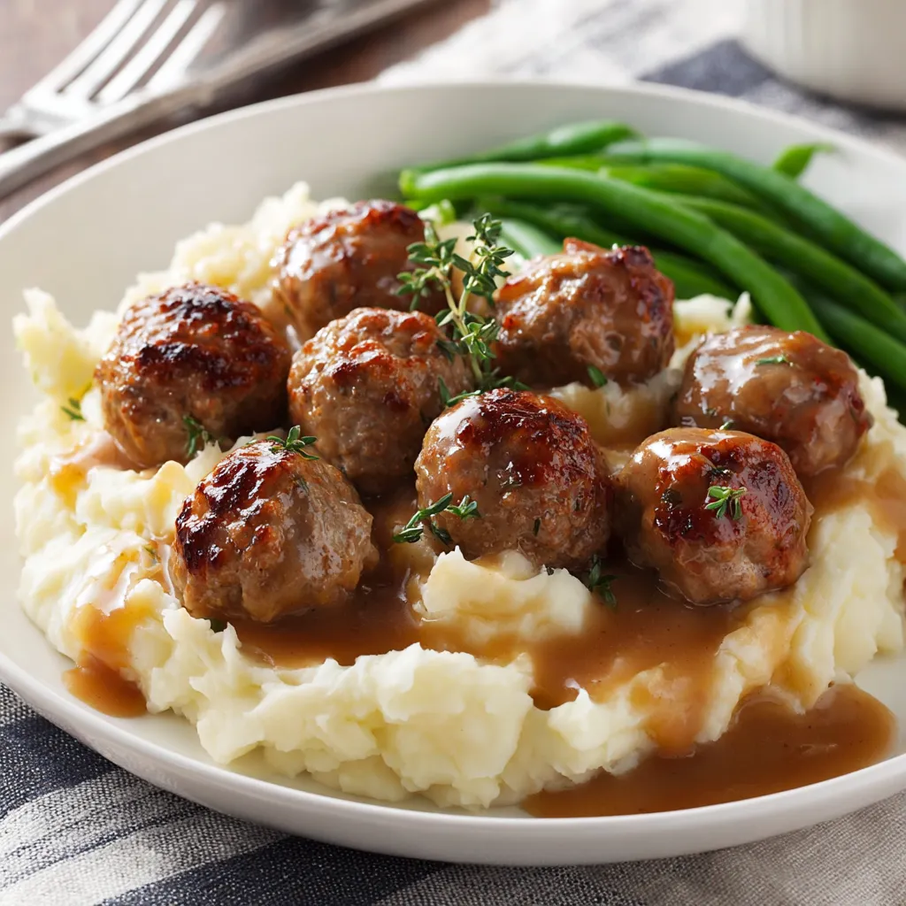 A plate of food with meatballs and green beans.