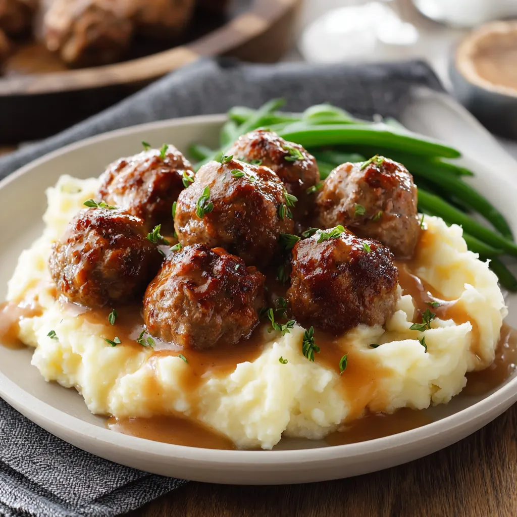 A plate of meatballs and potatoes.
