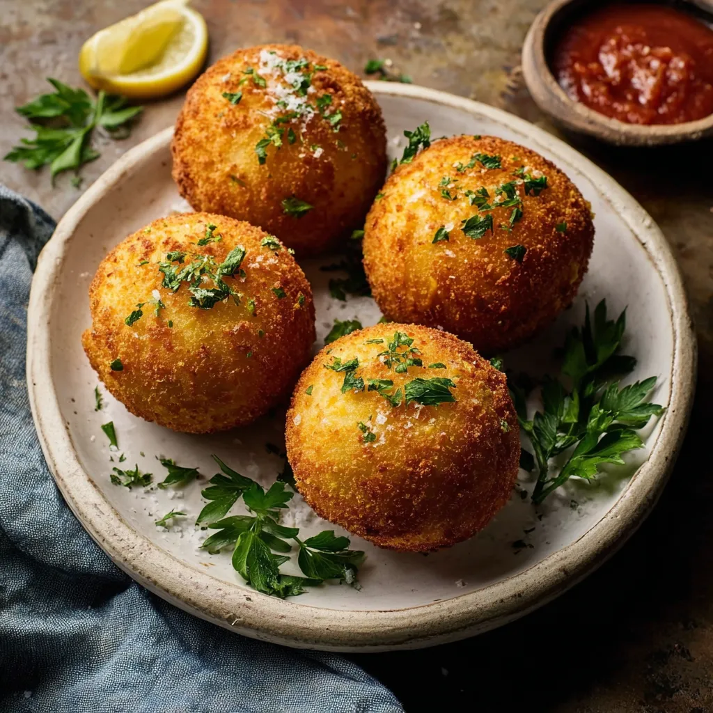 Three golden balls of food on a plate.