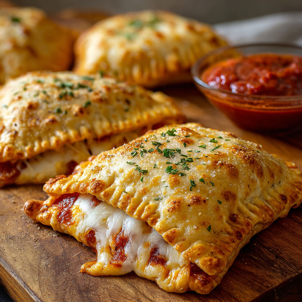 Cheesy pizza pockets on a wooden board.
