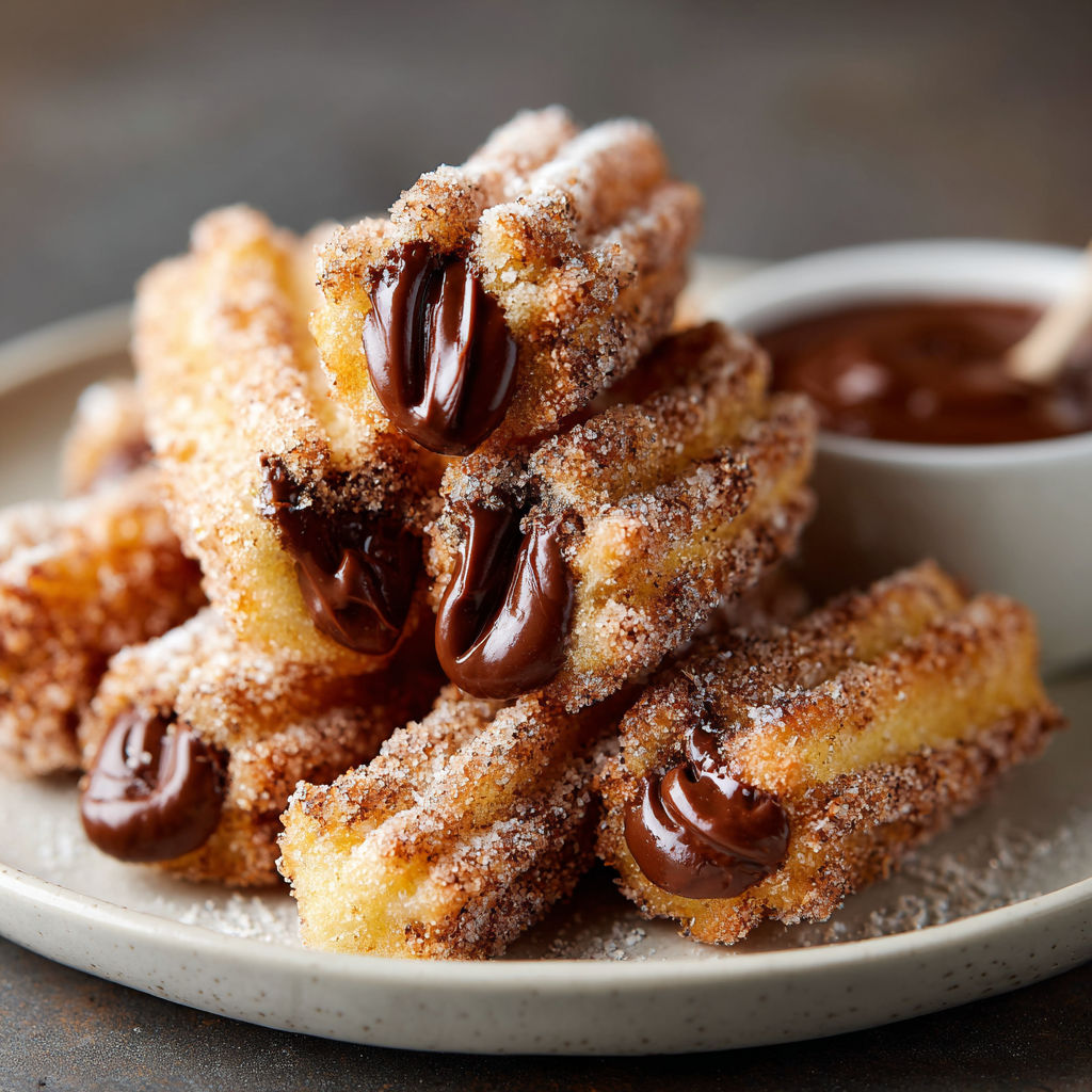 A plate of churros with chocolate sauce.
