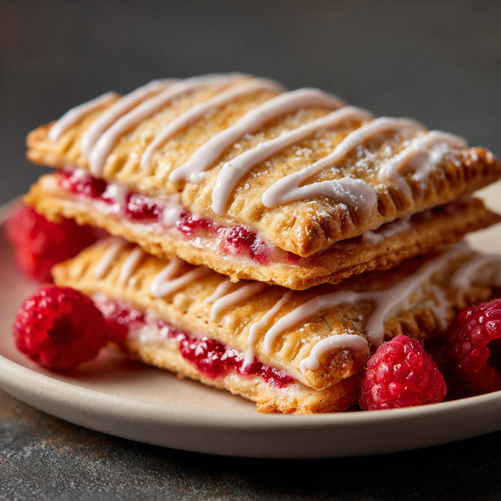 A stack of pastry with white icing and raspberries.