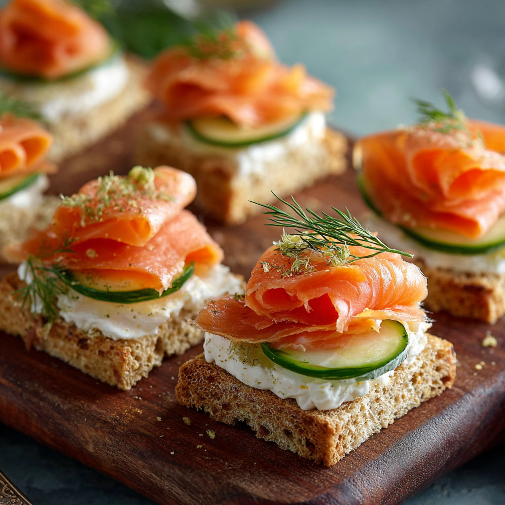 A plate of smoked salmon tea sandwiches.