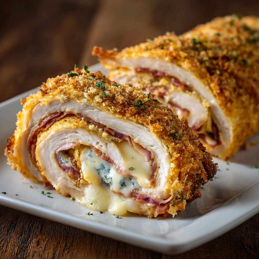 A plate of chicken cordon bleu stromboli.
