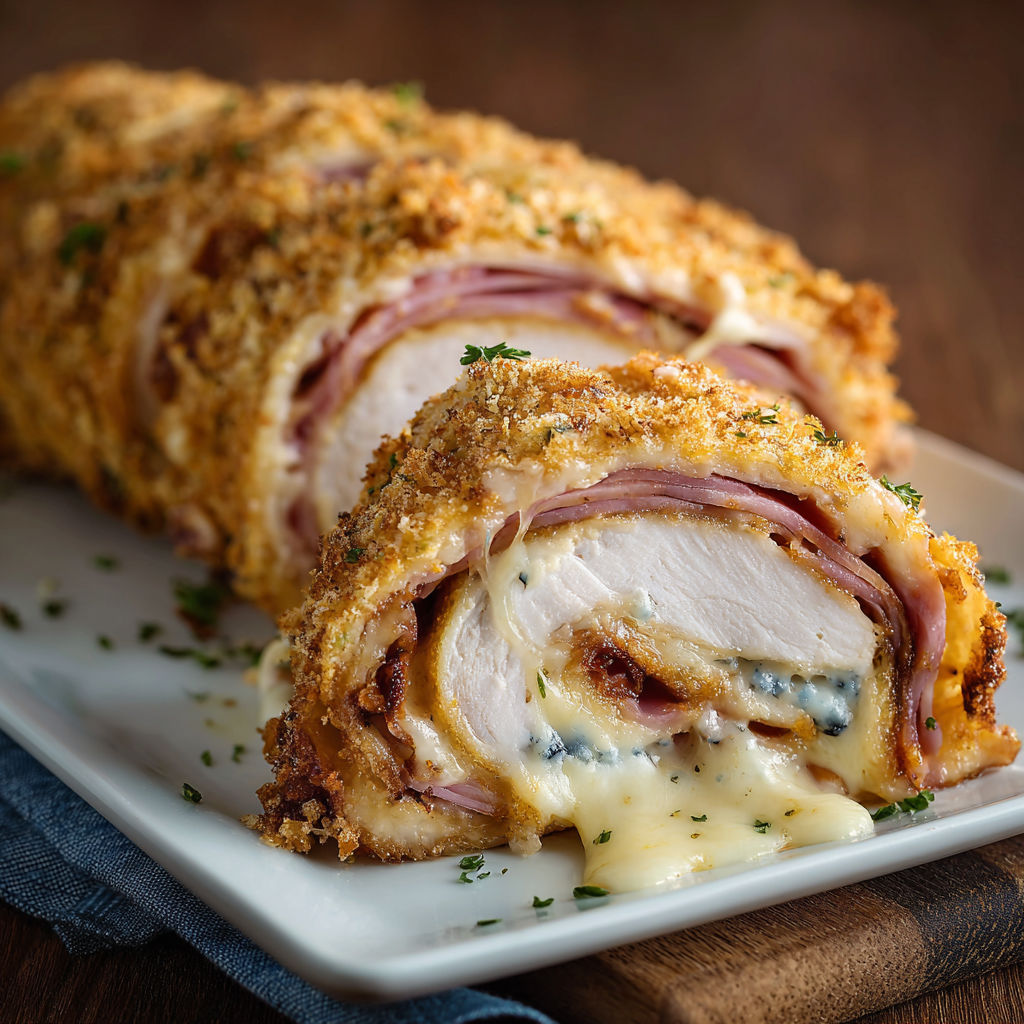 A plate of chicken cordon bleu stromboli.