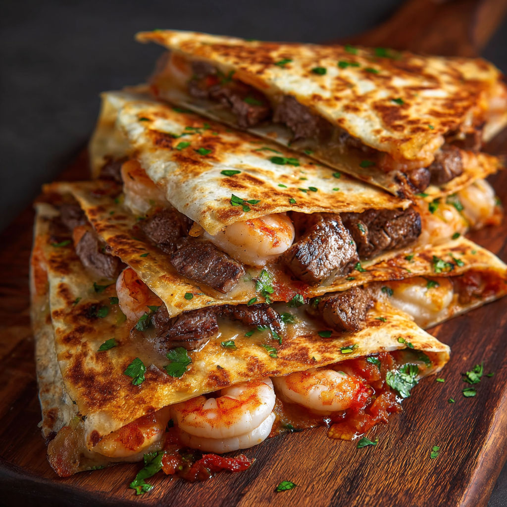 A stack of shrimp and steak tacos.