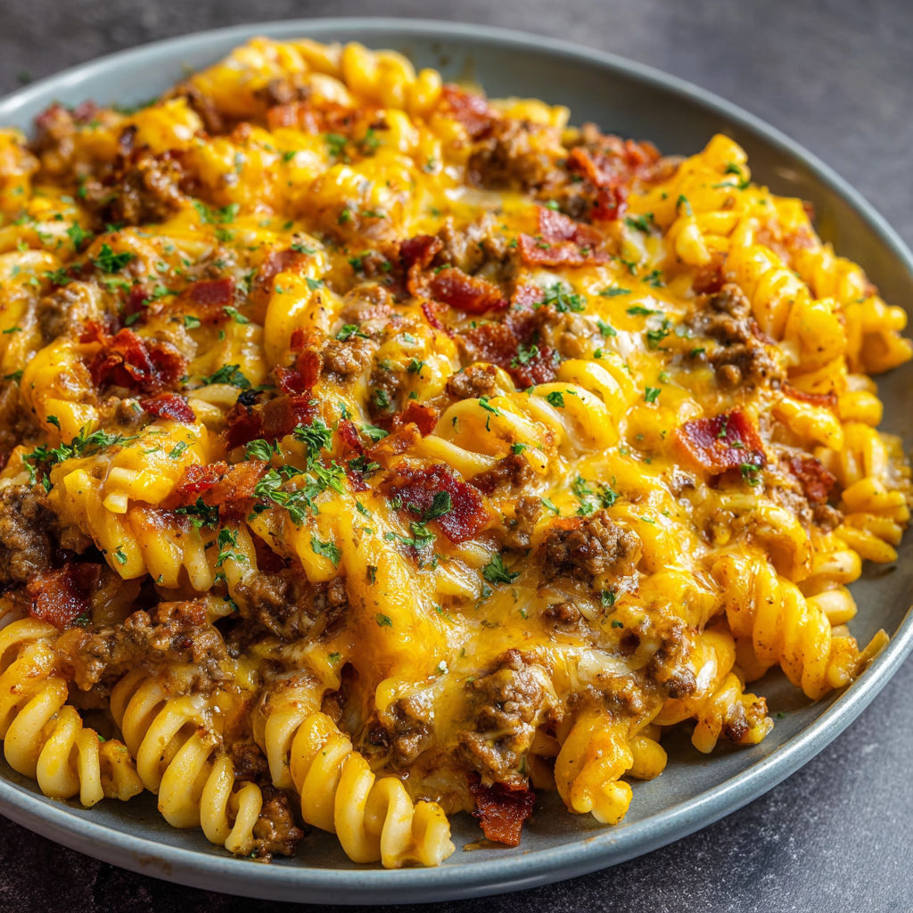 A plate of pasta with meat and cheese.