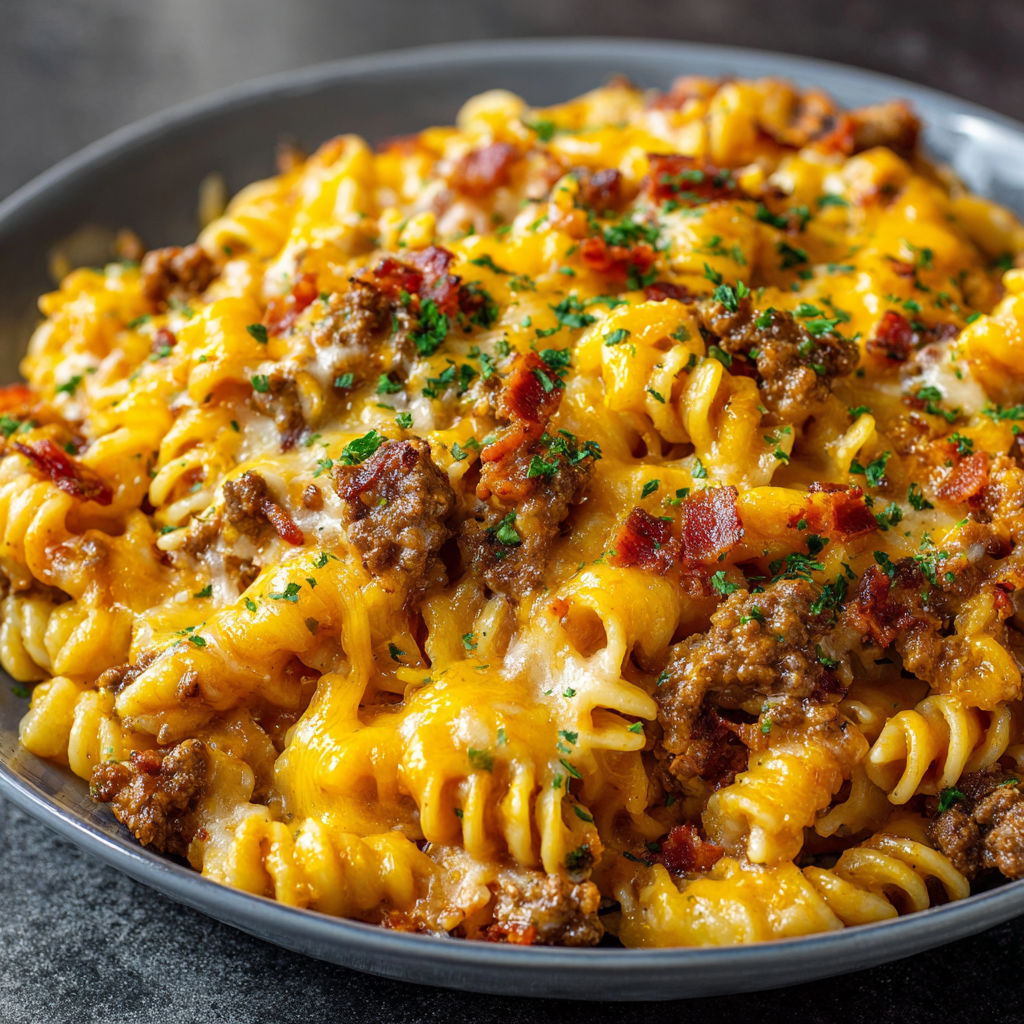 A bowl of pasta with meat and cheese.