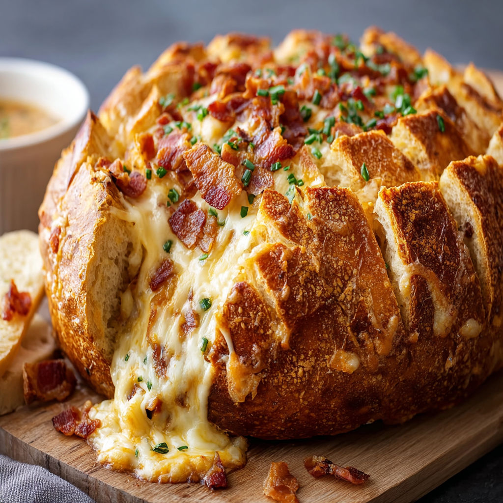 A cheese bacon cob loaf with dip.