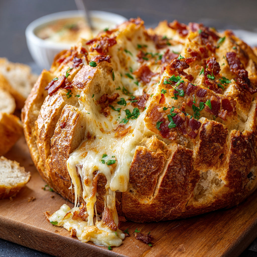 A cheesy bread with bacon and cheese on top.