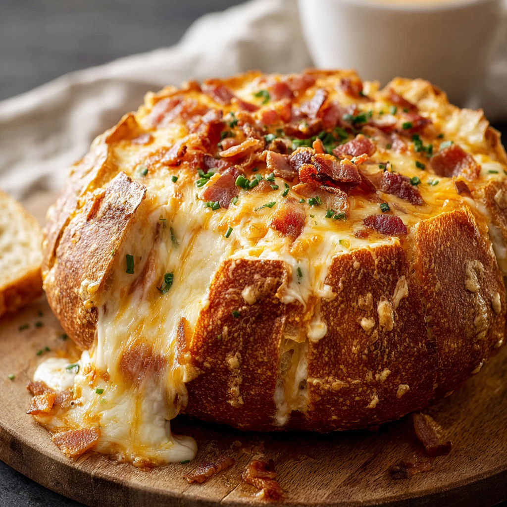 A cheesy bread bowl with bacon bits on top.