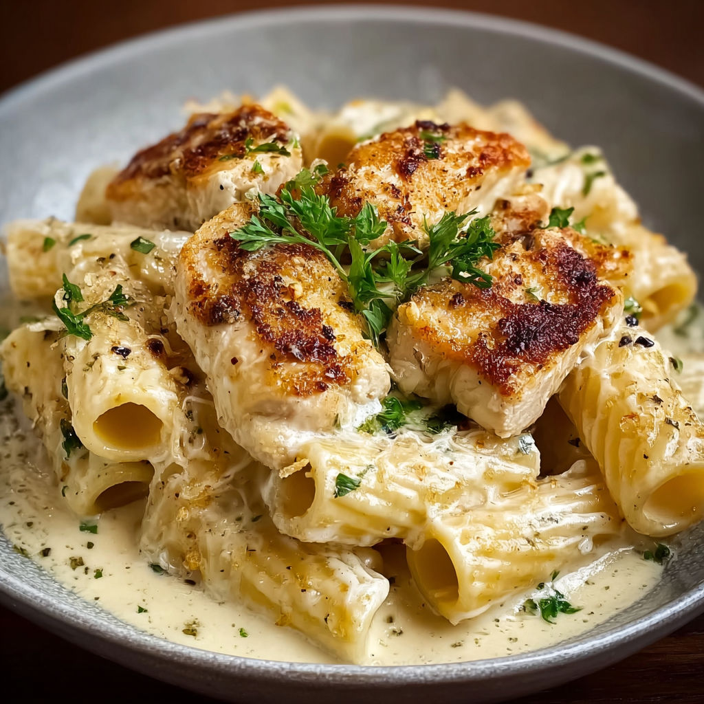 A plate of garlic Parmesan chicken rigatoni.