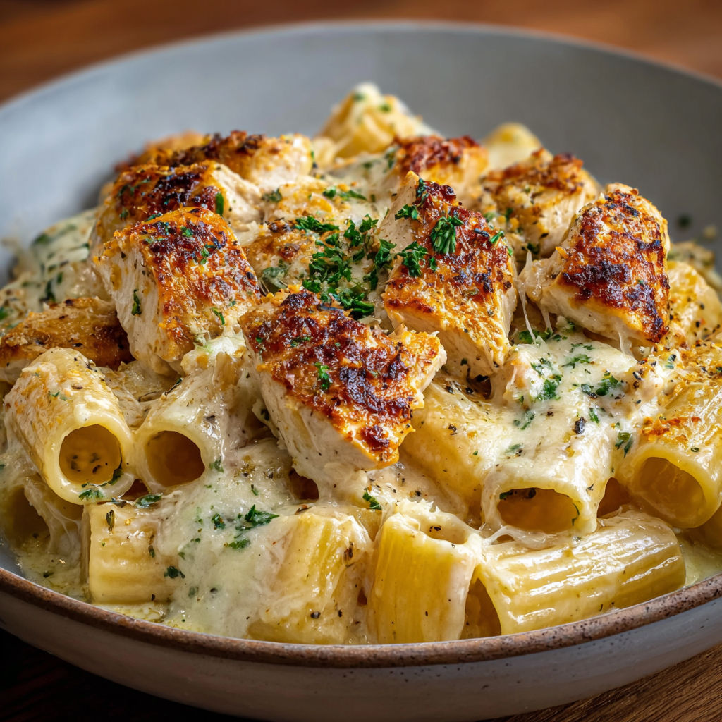 A plate of food with chicken and pasta.