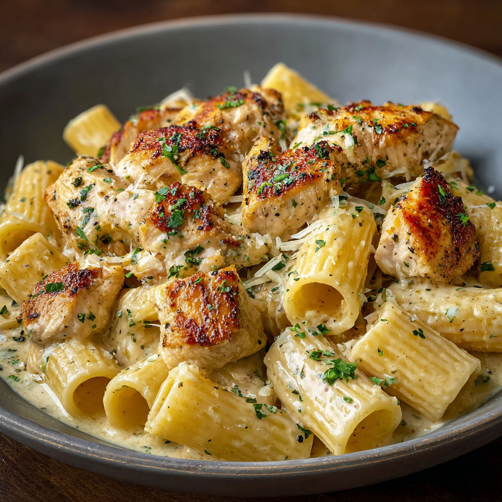 A plate of pasta with chicken and cheese.