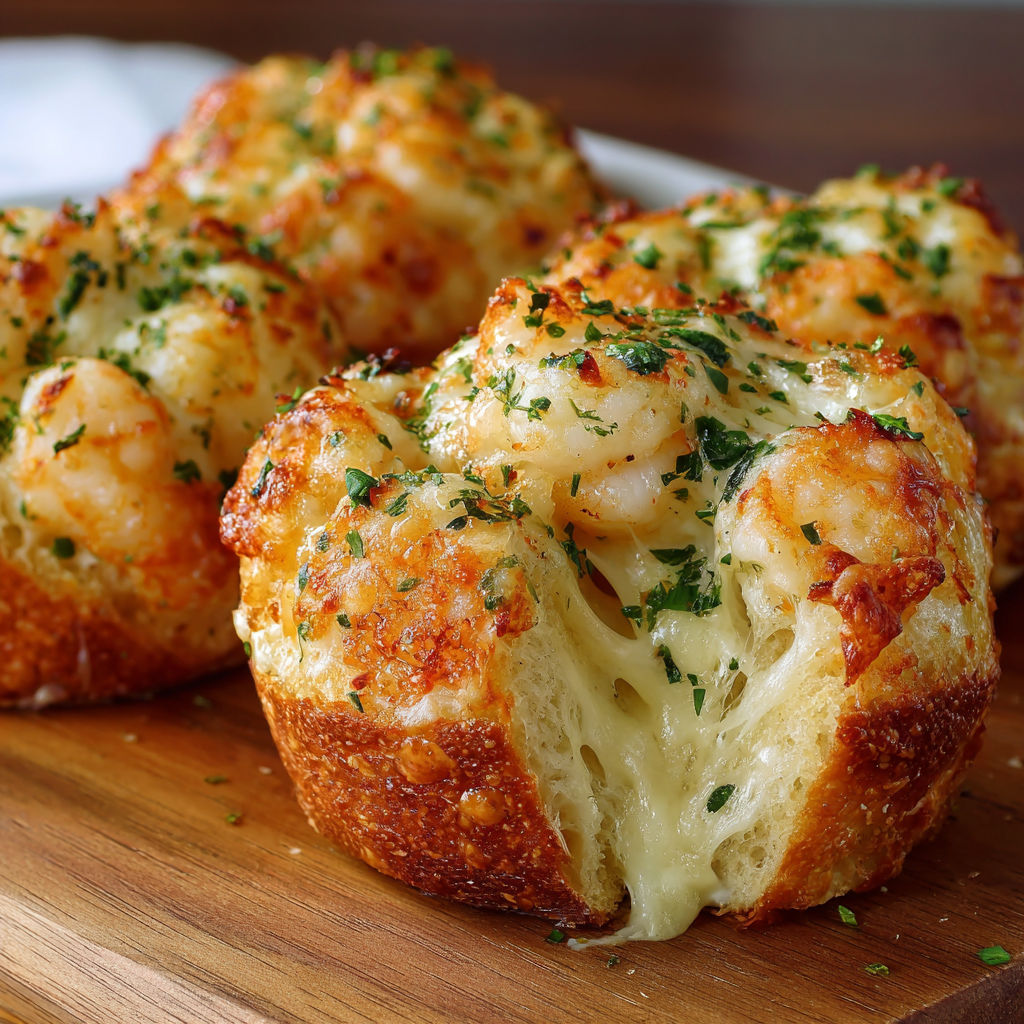 A close up of a cheesy bread with a green herb on top.